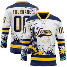 Load image into Gallery viewer, Custom White Navy-Yellow 3D Pattern Abstract Splatter Paint Hockey Lace Neck Jersey