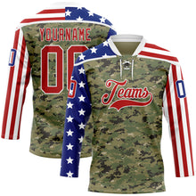 Загрузить изображение в средство просмотра галереи, Custom Camo Red Royal-White American Flag Camouflage Hockey Lace Neck Jersey