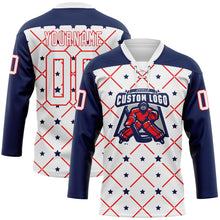 Charger l'image dans la galerie, Custom White Navy-Fire Red American Flag Hockey Lace Neck Jersey
