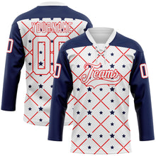 Charger l'image dans la galerie, Custom White Navy-Fire Red American Flag Hockey Lace Neck Jersey