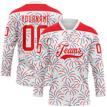 Charger l'image dans la galerie, Custom White Fire Red-Royal American Flag Fireworks Hockey Lace Neck Jersey