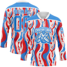 Charger l'image dans la galerie, Custom White Powder Blue-Red American Flag Hockey Lace Neck Jersey