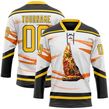 Загрузить изображение в средство просмотра галереи, Custom White Yellow-Black 3D Pattern Design Foodie Funny Pizza Hockey Lace Neck Jersey