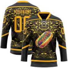 Load image into Gallery viewer, Custom Black Gold-White 3D Pattern Design Foodie Funny Hot Dog Hockey Lace Neck Jersey