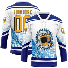 Load image into Gallery viewer, Custom Royal Gold Black-White 3D Pattern Design Foodie Funny Beer Hockey Lace Neck Jersey