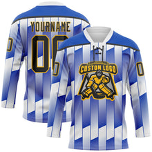 Charger l'image dans la galerie, Custom White Black Thunder Blue-Gold 3D Pattern Design Stripe Gradient Hockey Lace Neck Jersey
