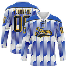 Charger l'image dans la galerie, Custom White Black Thunder Blue-Gold 3D Pattern Design Stripe Gradient Hockey Lace Neck Jersey