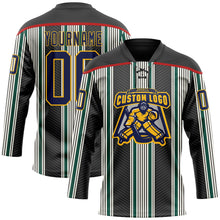 Laden Sie das Bild in den Galerie-Viewer, Custom Black Navy Green Red Gold-White 3D Pattern Design Stripe Hockey Lace Neck Jersey