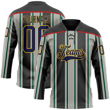 Laden Sie das Bild in den Galerie-Viewer, Custom Black Navy Green Red Gold-White 3D Pattern Design Stripe Hockey Lace Neck Jersey