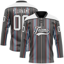 Load image into Gallery viewer, Custom Black White Red-Blue 3D Pattern Design Stripe Hockey Lace Neck Jersey