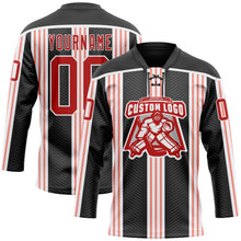 Load image into Gallery viewer, Custom Black Red Pink-White 3D Pattern Design Stripe Hockey Lace Neck Jersey
