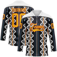 Charger l'image dans la galerie, Custom Black Gold Blue Red-White 3D Pattern Design Stripe Geometric Hockey Lace Neck Jersey