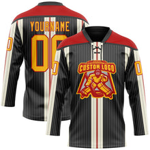 Load image into Gallery viewer, Custom Black Gold Cream-Red 3D Pattern Design Stripe Hockey Lace Neck Jersey