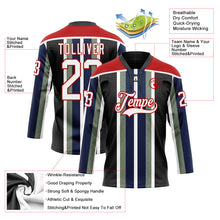 Load image into Gallery viewer, Custom Black White Green Navy-Red 3D Pattern Design Stripe Hockey Lace Neck Jersey