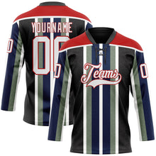 Load image into Gallery viewer, Custom Black White Green Navy-Red 3D Pattern Design Stripe Hockey Lace Neck Jersey