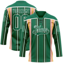 Load image into Gallery viewer, Custom Kelly Green Pink Yellow Black-White 3D Pattern Design Stripe Hockey Lace Neck Jersey