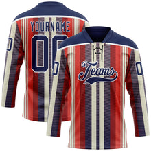 Laden Sie das Bild in den Galerie-Viewer, Custom Red Navy Cream-White 3D Pattern Design Stripe Hockey Lace Neck Jersey