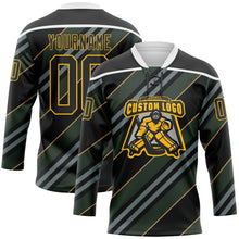 Load image into Gallery viewer, Custom Black Gold-White 3D Pattern Design Stripe Hockey Lace Neck Jersey