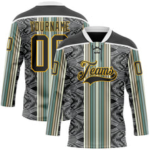 Load image into Gallery viewer, Custom Black Blue Gold-White 3D Pattern Design Stripe Hockey Lace Neck Jersey