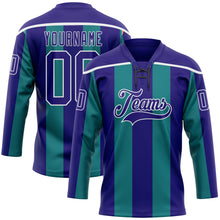 Charger l'image dans la galerie, Custom Dark Purple Green-White 3D Pattern Design Stripe Hockey Lace Neck Jersey
