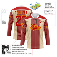 Laden Sie das Bild in den Galerie-Viewer, Custom Red Cream Gold-White 3D Pattern Design Stripe Hockey Lace Neck Jersey