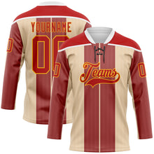 Laden Sie das Bild in den Galerie-Viewer, Custom Red Cream Gold-White 3D Pattern Design Stripe Hockey Lace Neck Jersey