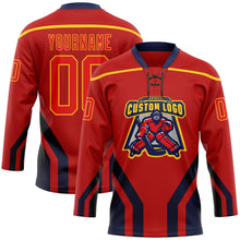 Загрузить изображение в средство просмотра галереи, Custom Red Fire Red Gold-Navy 3D Abstract Pattern Graphic Cyber Mecha E-sport Hockey Lace Neck Jersey