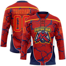 Загрузить изображение в средство просмотра галереи, Custom Red Fire Red Gold Navy-White 3D Abstract Pattern Graphic Cyber Mecha E-sport Hockey Lace Neck Jersey