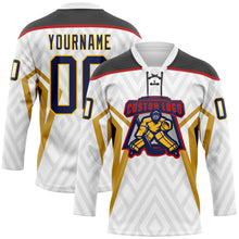 Charger l'image dans la galerie, Custom White Navy Old Gold Yellow Black-Red 3D Abstract Pattern Graphic Cyber Mecha E-sport Hockey Lace Neck Jersey