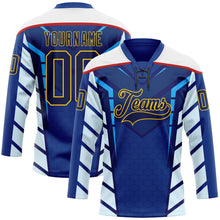 Laden Sie das Bild in den Galerie-Viewer, Custom Blue Navy Yellow Red-White 3D Abstract Pattern Graphic Cyber Mecha E-sport Hockey Lace Neck Jersey