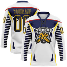 Laden Sie das Bild in den Galerie-Viewer, Custom White Black Navy Red-Yellow 3D Abstract Pattern Graphic Cyber Mecha E-sport Hockey Lace Neck Jersey