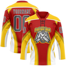 Загрузить изображение в средство просмотра галереи, Custom Red Steel Gray Yellow-White 3D Abstract Pattern Graphic Cyber Mecha E-sport Hockey Lace Neck Jersey