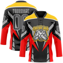 Load image into Gallery viewer, Custom Black Steel Gray Red Yellow-White 3D Abstract Pattern Graphic Cyber Mecha E-sport Hockey Lace Neck Jersey