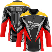 Load image into Gallery viewer, Custom Black Steel Gray Red Yellow-White 3D Abstract Pattern Graphic Cyber Mecha E-sport Hockey Lace Neck Jersey