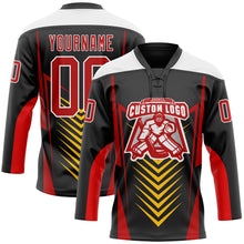 Laden Sie das Bild in den Galerie-Viewer, Custom Black Red Yellow-White 3D Abstract Pattern Graphic Cyber Mecha E-sport Hockey Lace Neck Jersey