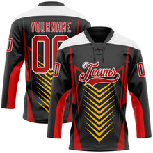 Laden Sie das Bild in den Galerie-Viewer, Custom Black Red Yellow-White 3D Abstract Pattern Graphic Cyber Mecha E-sport Hockey Lace Neck Jersey