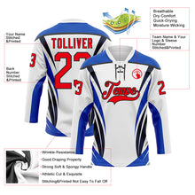 Laden Sie das Bild in den Galerie-Viewer, Custom White Fire Red Thunder Blue-Black 3D Abstract Pattern Graphic Cyber Mecha E-sport Hockey Lace Neck Jersey