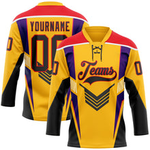 Load image into Gallery viewer, Custom Gold Black Fire Red Purple-White 3D Abstract Pattern Graphic Cyber Mecha E-sport Hockey Lace Neck Jersey