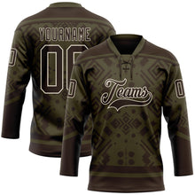 Загрузить изображение в средство просмотра галереи, Custom Olive Brown-Cream 3D Pattern Tribal Indigenous Grunge Geometric Splash Hockey Lace Neck Jersey