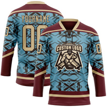 Laden Sie das Bild in den Galerie-Viewer, Custom Blue Vegas Gold Burgundy-Brown 3D Pattern Tribal Indigenous Grunge Splash Hockey Lace Neck Jersey