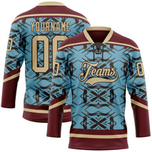 Laden Sie das Bild in den Galerie-Viewer, Custom Blue Vegas Gold Burgundy-Brown 3D Pattern Tribal Indigenous Grunge Splash Hockey Lace Neck Jersey