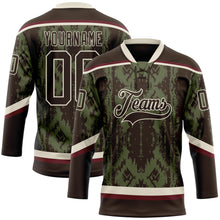 Загрузить изображение в средство просмотра галереи, Custom Olive Brown Cream-Burgundy 3D Pattern Tribal Indigenous Grunge Splash Hockey Lace Neck Jersey
