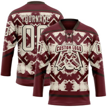 Загрузить изображение в средство просмотра галереи, Custom Burgundy Cream-Brown 3D Pattern Tribal Indigenous Grunge Geometric Splash Hockey Lace Neck Jersey