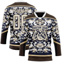Загрузить изображение в средство просмотра галереи, Custom Navy Cream Brown-Vegas Gold 3D Pattern Tribal Indigenous Grunge Floral Splash Hockey Lace Neck Jersey