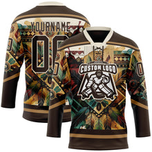 Загрузить изображение в средство просмотра галереи, Custom Brown Old Gold-Cream 3D Pattern Tribal Indigenous Grunge Geometric Splash Hockey Lace Neck Jersey