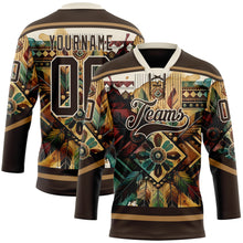 Загрузить изображение в средство просмотра галереи, Custom Brown Old Gold-Cream 3D Pattern Tribal Indigenous Grunge Geometric Splash Hockey Lace Neck Jersey
