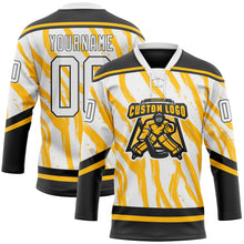 Загрузить изображение в средство просмотра галереи, Custom White Gold-Black 3D Pattern Abstract Boston Inspired Fluid Hockey Lace Neck Jersey