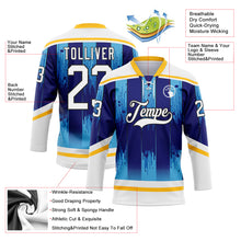 Laden Sie das Bild in den Galerie-Viewer, Custom White Blue Gold-Black 3D Pattern Abstract Buffalo Inspired Stripe Hockey Lace Neck Jersey