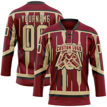 Load image into Gallery viewer, Custom Crimson Vegas Gold-Black 3D Pattern Abstract Arizona Inspired Stripe Hockey Lace Neck Jersey