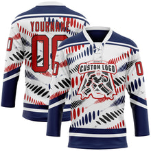 Laden Sie das Bild in den Galerie-Viewer, Custom White Red Navy-Black 3D Pattern Abstract Columbus Inspired Round Hockey Lace Neck Jersey